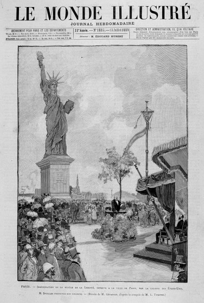 Invigning av Frihetsgudinnan i reduktion (replika), erbjöd staden Paris av USA - i "" The Illustrous World"" av 1889-07-13 av Unknown artist