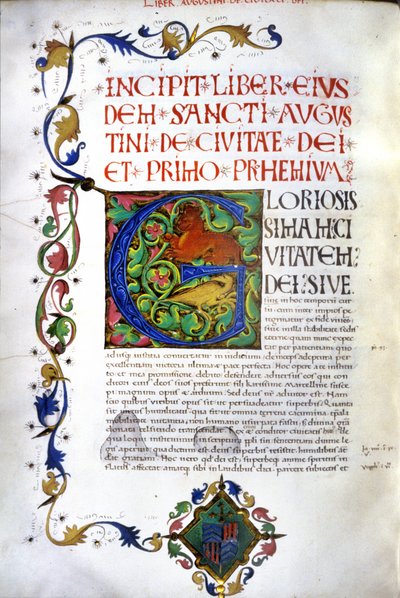 Incipit av manuskriptet till "De civitate Dei" av Saint Augustine. 1400-talsmanuskript. Milano, Bibl, Trivulziana. av Unknown artist