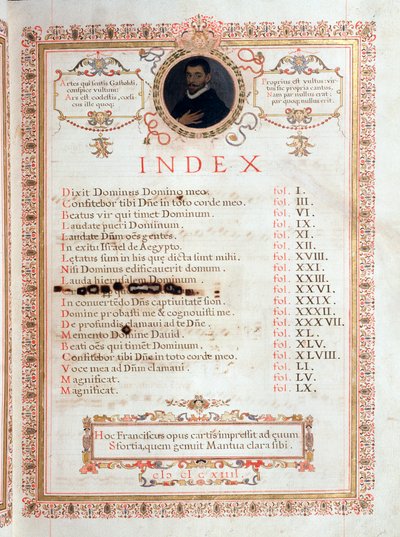 Indexsida med porträtt av Giovanni Giacomo Gastoldi av Unknown artist