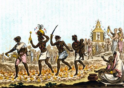 Indien. Fakirer som går på glödande kol. 1800-talsgravyr. av Unknown artist