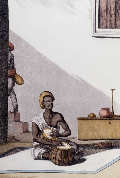 Indisk kultur och civilisation: musiker som spelar tabla, traditionellt musikinstrument, Indien. Gravyr 1808. av Unknown artist