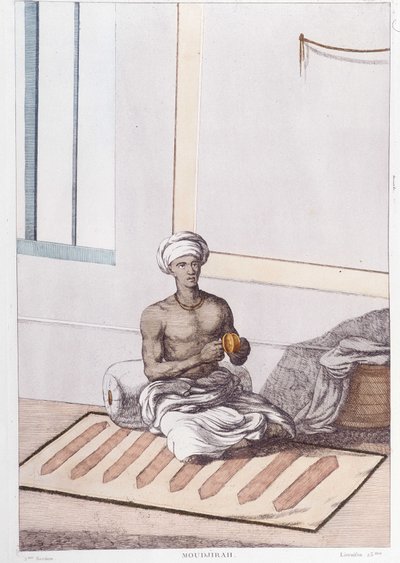 Indisk kultur, civilisation och samhälle: musiker med traditionellt indisk slagverk. Gravyr från 1808. av Unknown artist