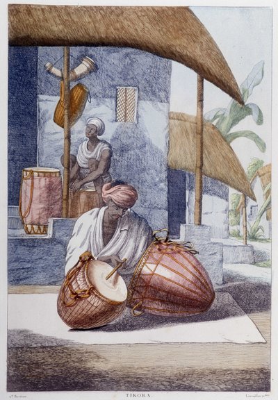Indisk kultur, civilisation och samhälle: musiker med traditionellt indisk slagverk (Tikora). Gravyr från 1808. av Unknown artist