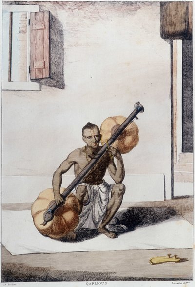 Indisk kultur, civilisation och samhälle: musiker med traditionellt indiskt stråkinstrument. Gravyr från 1808. av Unknown artist