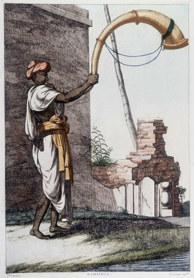 Indisk kultur, civilisation och samhälle: musiker med traditionellt indiskt blåsinstrument (Sournae). Gravyr från 1808. av Unknown artist