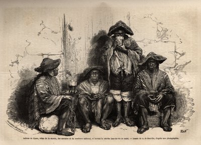 Indianer från Cuzco (Peru), vetus av manta, sandaler och traditionell sombrero, anställd som arbetskraft för exploatering av guanofyndigheter på Chinchaöarna, dricker shisha, men jäst konjak. Gravyr för att illustrera Les iles Chincha, rekt av L.Simo av Unknown artist