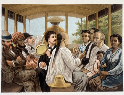 Indonesier och väst i en indonesisk buss - "" Kammarlinden i Berkentstein i Nederländska Ostindien""" av MTH Perelaer - Leiden - AW Sijjhoff teckningar av JC Rappard - Batavia "" dans un transport"" första kvällen i land av Unknown artist