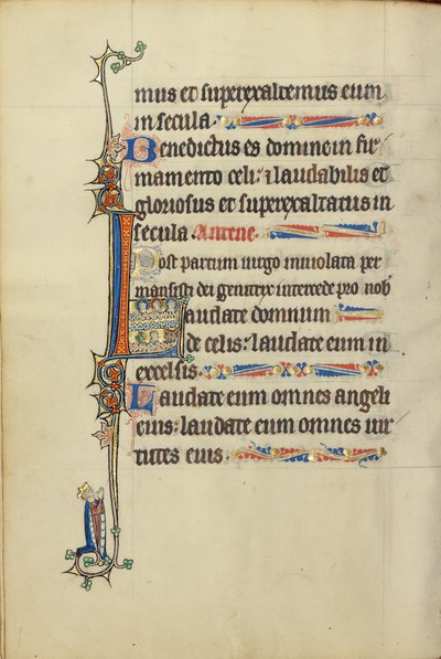 Initial L: Tre nimbade huvuden, ett huvud av en man och ett huvud av en tjur av Unknown artist
