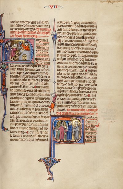 Initial N: Två män bygger en fästning; Initial S: Två män möter en adelsman som bär en hök av Unknown artist