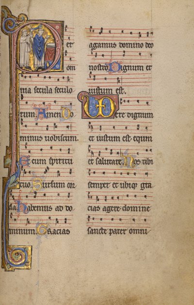 Initial P: En präst och en ministrant framför ett altare av Unknown artist