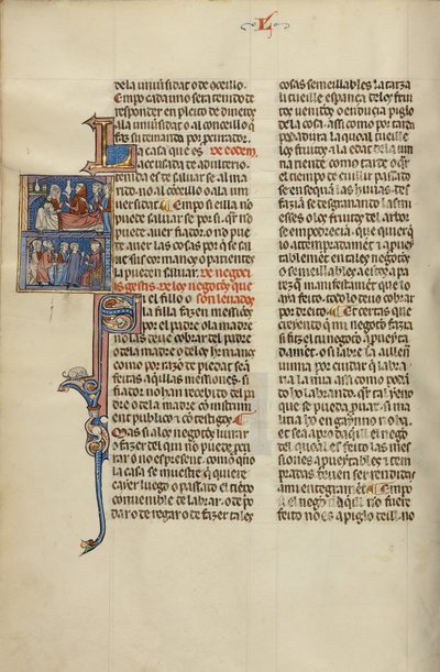 Initial S: Barn och en alkemist vid en sängkant och barn och äldre inför en domare av Unknown artist