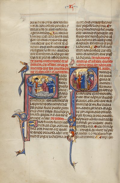 Initial S: Två män skakar hand efter en försäljning av får; Initial Q: Tre män framför en domare pekar på en man med en klubba och en man som arbetar vid en ambolt av Unknown artist