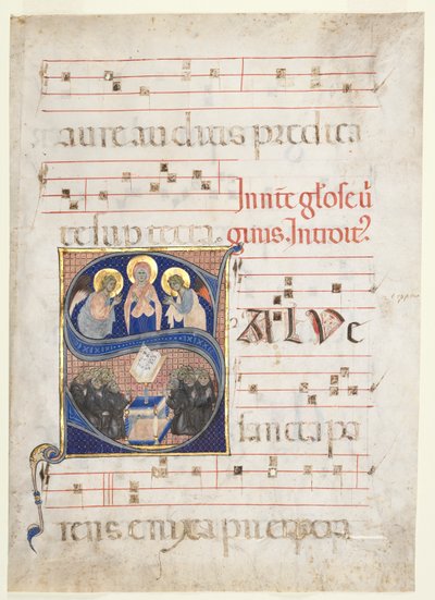 Initial Salve sancta parens] med Jungfrun Adored by Angels, och Singing Benedictine Monks: Single Leaf from a Gradual av Unknown artist