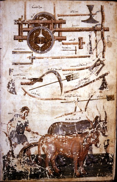 Instrument för att arbeta på fältet och en man som plöjer - i "" Scutum Herculis (Herakles sköld"" av Hesiode av Unknown artist