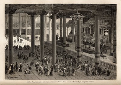 Inre vy av ett stort buddhistiskt tempel, tillhörande Taikounen (temporal härskare av Japan) i Yedo (eller Edo, kejserlig huvudstad, dagens Tokyo). Gravyr för att illustrera resan till Japan, 1863-1864, av Aime Humbert, minister i Schweiziska edsförbundet av Unknown artist