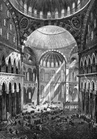 Invändig vy av moskén Saint Sophia (Hagia Sophia) (bysantinsk konst från 600-talet) i Konstantinopel 1858. av Unknown artist