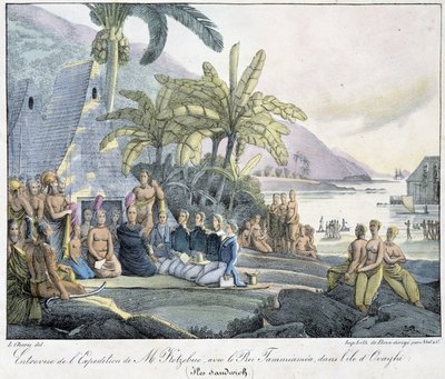 Intervju av Kotzebuës expedition med kung Tammeamea på ön Ovayhi. (Sandwichöarna) av Unknown artist