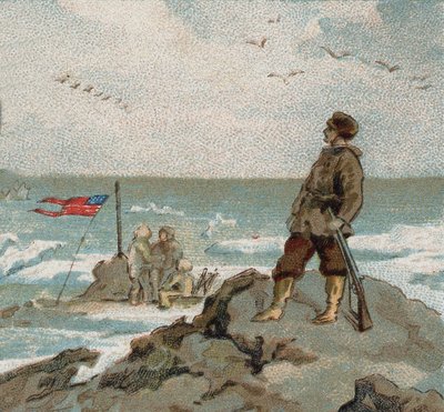 Isaac Israel Hayes (1832-1881) bär den amerikanska flaggan vid polarhavets stränder. Chromo från slutet av 1800-talet. av Unknown artist