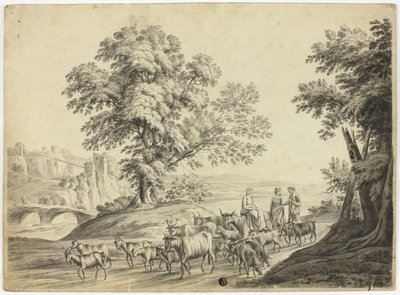 Italiensk landskapsbild med man och två kvinnor som vallar boskap, getter och får av Unknown artist