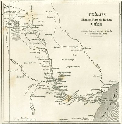 Resväg längs floden Hai He nära Tien Tsin (Tien-Tsin, Tianjin) till Pekin (Peking), Kina. Karta, i "" Le Tour du Monde, New Journal of Travels "", redigerad av Edouard Charton, Paris av Unknown artist