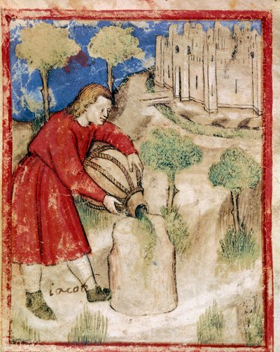 Jakob hällde olja på stenen som hade tjänat honom som en miniatyrkudde från codex 212 (eller padovano codice eller Bible of Padua) 1390-1400 Rovigo, Accademia dei Concordi av Unknown artist