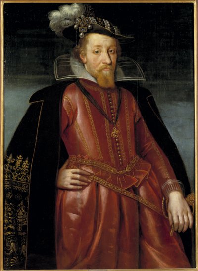 James Stuart, James VI kung av Skottland och James I kung av England och Irland - Porträtt av kung James I av England (1566-1625), Anonym . Olja på trä. Mått: 115x86cm. Nationalmuseum Stockholm av Unknown artist