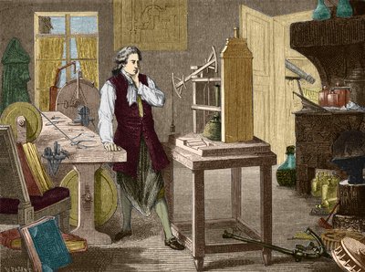 James Watt studerar perfektion av Newcomen-maskinen (1767) (ångmaskin) - i "" Album of Science; berömda vetenskapsmän; Stora upptäckter””” 1896. av Unknown artist