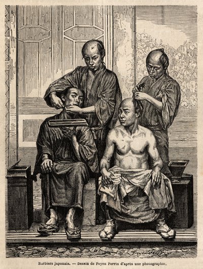 Japanska frisörer i sin butik, den ena rakar skägg och den andra stylar en man med bar överkropp. Gravyr för att illustrera resan till Japan, 1863-1864, av Aime Humbert, minister för Schweiziska edsförbundet, i "Le tour du monde, nouveau journal des voyage av Unknown artist