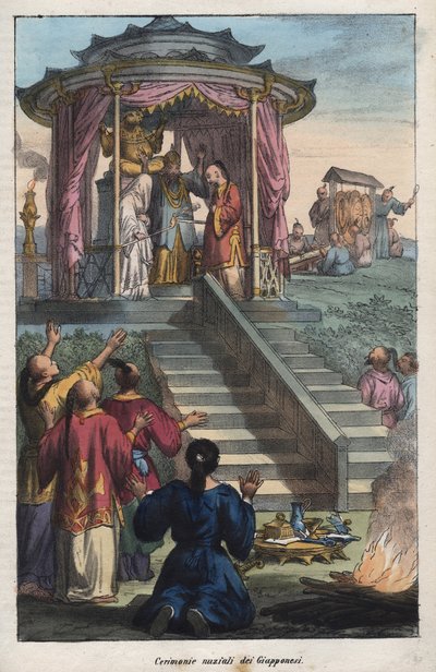 Japanska bröllop - japanernas bröllopsceremoni - gravyr från "" Seder och traditioner för alla folk i universum. Det vill säga historien om regeringen, om lagarna, om milisen, om religionen för alla nationer från de mest avlägsna tiderna till våra dagar "1 av Unknown artist