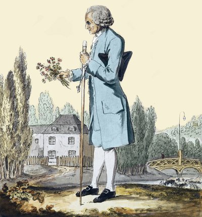 Jean-Jacques Rousseau (1712-78) samlar örter i Ermenonville, juni 1778 - Representation av filosofen Jean Jacques Rousseau (1712-1778) som plockade blommor i Ermenonville. av Unknown artist