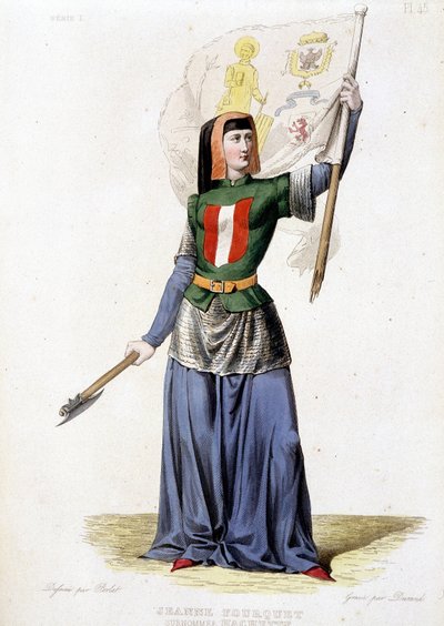 Jeanne Laisné, känd som Jeanne Fourquet, med smeknamnet Jeanne Hachette fransk hjältinna (1456 till?). gravyr från 1835 av Unknown artist