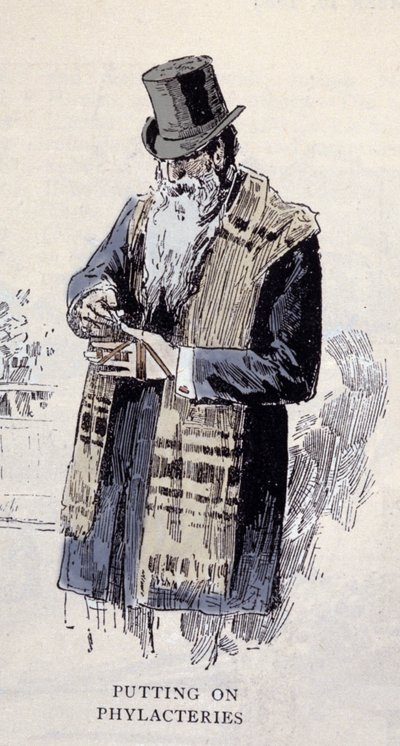 Judisk religion: en gammal judisk man som bär bönkalken (Talit eller Tzitzit), gravyr från 1890 av Unknown artist