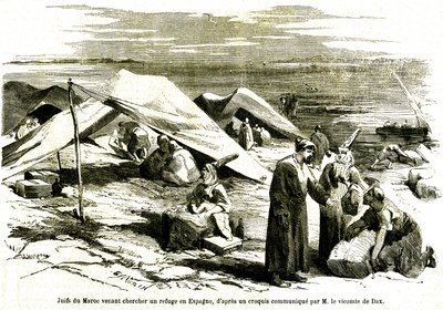 Judar från Marocko kommer för att söka skydd i Algesiras i Spanien i mitten av 1800-talet (gravyr) av Unknown artist