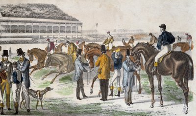 Jockeys och deras hästar före loppet - gravering, ca. 1850 av Unknown artist