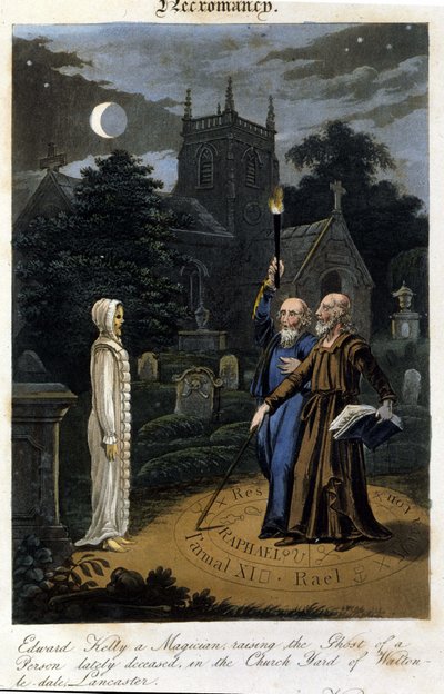 John Dee och Edward Kelly framkallar en ande. 1825. Bibel. Morando, Milano av Unknown artist