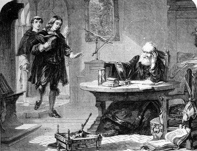 John Milton, engelsk poet och essäist (1608 - 1674) besökte Galileo Galilei (Galileo) (1564 - 1642) i hans cell under inkvisitionen i Florens. Gravyr. 1860 ca. av Unknown artist