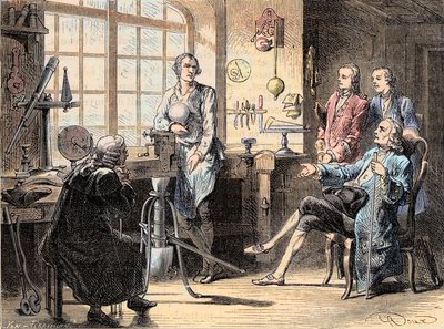 Joseph Black besöker James Watt i hans verkstad i Glasgow - Den skotske kemisten Joseph Black besöker ingenjören James Watt av Unknown artist