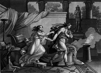 Josef flyr från Putifars hustru (Potifar) och försöker förföra 1800-talets litografi av Unknown artist