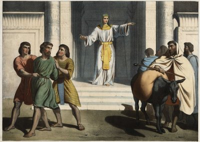 Joseph håller Simeon som gisslan: Patriarken Josef ber sina bröder att presentera honom för den yngre Benjamin och håller Simeon som gisslan i väntan på att de ska återvända. Anonym gravyr från mitten av 1800-talet. av Unknown artist