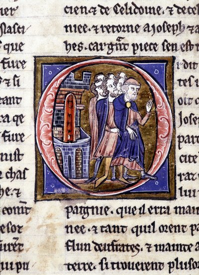 Josef av Arimathia (Arimatee) och hans uppföljare. Manuskript: Conquest of the Holy Grail, skrivet 717 år efter vår herres passion. Bibliotheque Municipale de Rennes, ms. 255 (Samling av romaner av det runda bordet); Paris av Unknown artist