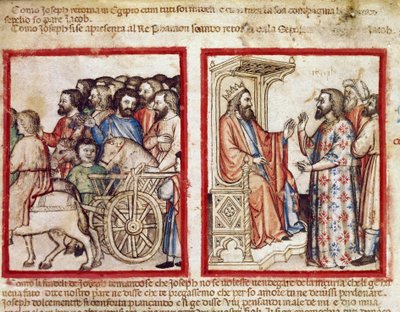 Josef till vänster till sin fars begravning, han går efter Faraos miniatyr från codex 212 (eller padovano codice eller Bible of Padua) 1390-1400 Rovigo, Accademia dei Concordi av Unknown artist