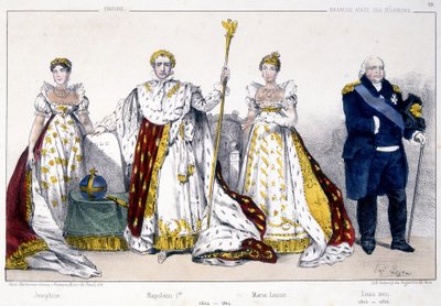 Josephine, Napoleon 1er, Marie Louise och Louis XVIII - i "La Monarchie francaise en estampes"" av Unknown artist