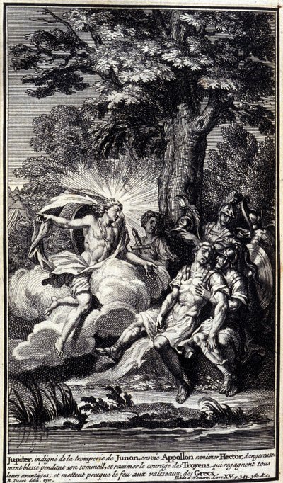 Jupiter, ovärdig Junos bedrägeri, skickar Apollo för att återuppliva Hectors farliga sår under sin sömn, och återuppliva modet hos trojanerna, som återfår alla sina fördelar och nästan sätter eld på de grekiska skeppen. Illustration av bok XV av Iliaden av av Unknown artist