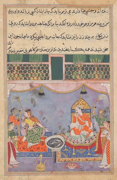 Kamjuy, rajans hustru, avvärjer sitt ansikte från fiskarna, från en Tuti-nama (Berättelser om en papegoja): Twenty-thirth Night av Unknown artist