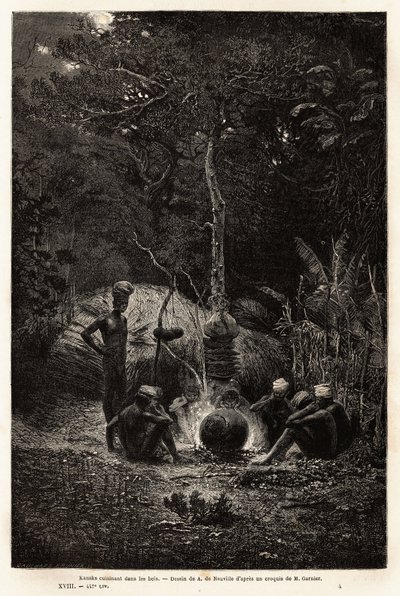 Kanaks lagar mat i skogen, på Pamales territorium. Gravyr för att illustrera resan till Nya Kaledonien, av Jules Garnier, gruvor civilingenjör, 1863-1866, publicerad i "Le tour du monde, nouveau journal des voyages", redigerad av Edouard C av Unknown artist