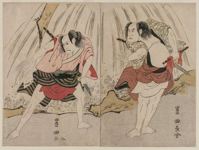 Kataoka Nizaemon VII och Ichikawa Yaozo III i en konfrontation bredvid ett vattenfall av Unknown artist