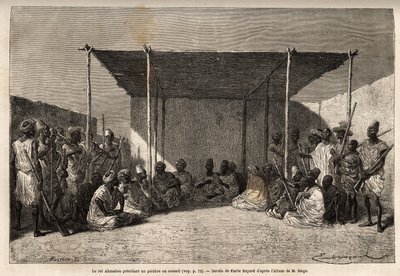 Kung Ahmadou presiderar över ett råd eller palabre i Toucouleur-imperiet i Segou Sikoro (Mali), de vise männen sitter och krigarna sätter sig, kungen håller ett muslimskt radband i sina händer. Gravyr för att illustrera resan till västra Sudan av löjtnant  av Unknown artist