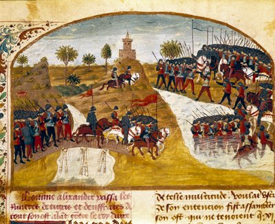 Kung Alexander den store (356-323 f.Kr.) och hans armé passerar tigern och miniatyreufraten från "" Boken av fakta om Alexander den store"" av Quintus Curtius Rufus (Quinte Curce) (1:a århundradet), omkring 1468. (Ms. 1335) Reims. Kommunbiblioteket av Unknown artist