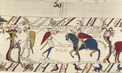 Kung Harolds budbärare ger honom nyheter om hertig Williams armé, Bayeux Tapestry (ullbroderi på linne) av Unknown artist