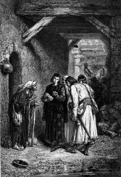 Kung Ludvig IX eller Saint Louis (1214 - 1270) undersöker fattiga människors bröd och finner att det är torrt. av Unknown artist